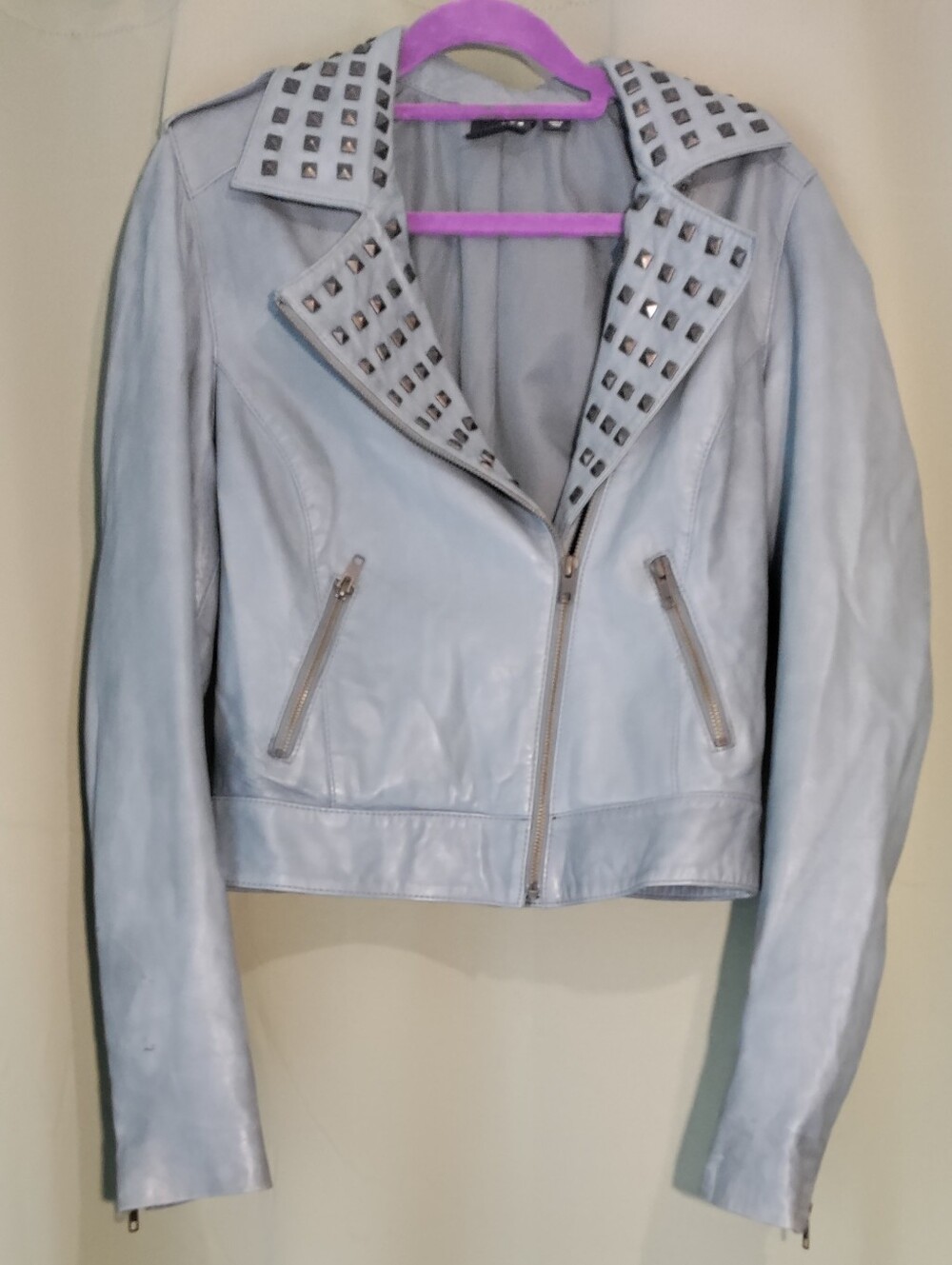 Trouvé Soft Genuine Leather Studded Moto Jacket Blue Gray Size S